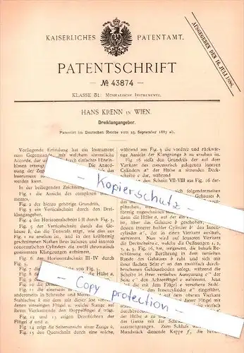 Original Patent - Hans Krenn in Wien , 1887 , Dreiklangangeber !!!