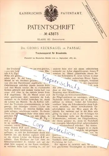 Original Patent - Dr. Georg Recknagel in Passau , 1887 ,Trockenapparat für Braunkohle !!!