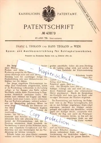 Original Patent - Franz und Hans Tirmann in Wien , 1887 , Auslöser für Schlagbolzenzünder !!!