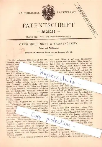 Original Patent - Otto Möllinger in Saarbrücken , 1882 , Ebbe- und Fluthmotor !!!