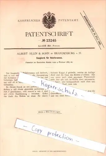 Original Patent - Albert Allin & Sohn in Brandenburg a. H. , 1883 , Saugkorb für Rohrbrunnen !!!