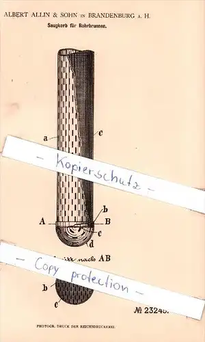 Original Patent - Albert Allin & Sohn in Brandenburg a. H. , 1883 , Saugkorb für Rohrbrunnen !!!