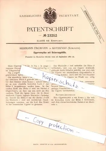 Original Patent - H. Ergmann in Kotzenau , Schlesien , 1882 , Cigarrenspitze mit Sicherungshülle !!!