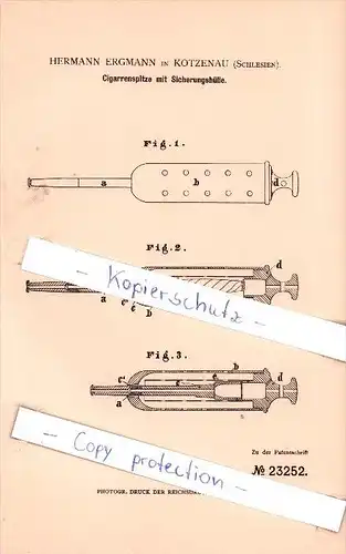 Original Patent - H. Ergmann in Kotzenau , Schlesien , 1882 , Cigarrenspitze mit Sicherungshülle !!!