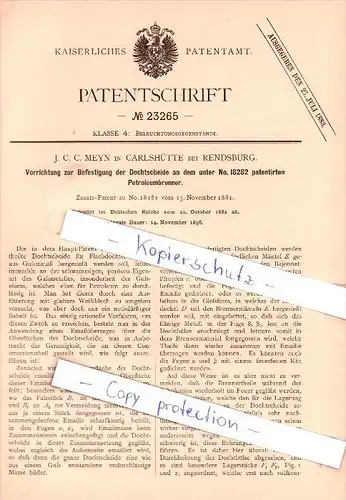 Original Patent - J. C. C. Meyn in Carlshütte bei Rendsburg , 1882 , Befestigung der Dochtscheide !!!