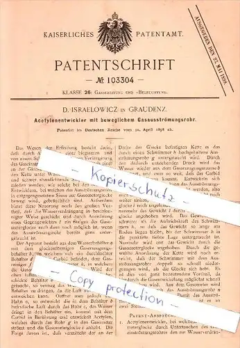 Original Patent - D. Israelowicz in Graudenz / Grudziadz , 1898 , Acetylenentwickler mit Gasausströmungsrohr !!!