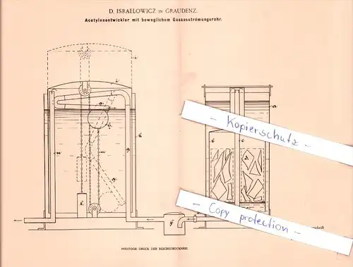 Original Patent - D. Israelowicz in Graudenz / Grudziadz , 1898 , Acetylenentwickler mit Gasausströmungsrohr !!!