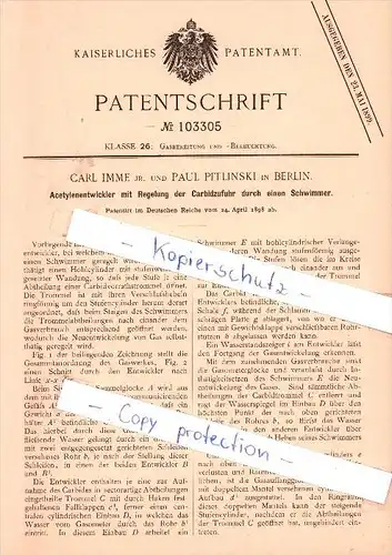 Original Patent - Carl Imme jr. und Paul Pitlinski in Berlin , 1898 , Acetylenentwickler !!!