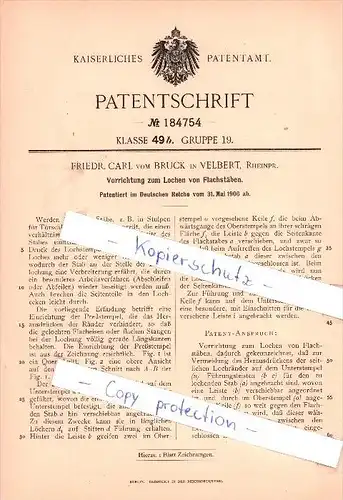 Original Patent - Friedr. Carl vom Bruck in Velbert , Rheinpr.  , 1906 ,  Lochen von Flachstäben !!!