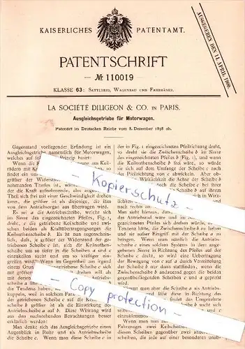Original Patent - La Societe Diligeon & Co. à Paris , 1898 , Boîte de vitesses pour véhicules automobiles !!!