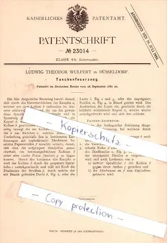 Original Patent - Ludwig Theodor Wulfert in Düsseldorf , 1882 , Taschenfeuerzeug , Feuerzeug !!!