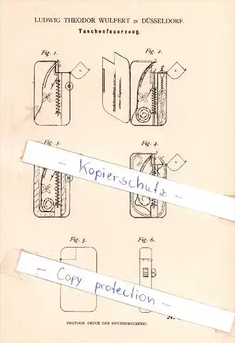 Original Patent - Ludwig Theodor Wulfert in Düsseldorf , 1882 , Taschenfeuerzeug , Feuerzeug !!!