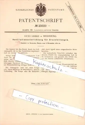 Original Patent - O. Giseke in Merseburg , 1882 ,  Ventilationseinrichtung für Drainleitungen !!!