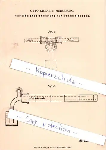 Original Patent - O. Giseke in Merseburg , 1882 ,  Ventilationseinrichtung für Drainleitungen !!!