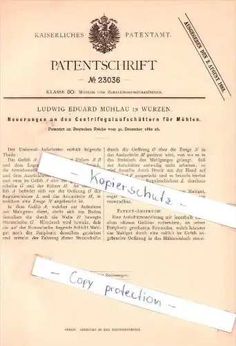 Original Patent - L. E. Mühlau in Wurzen , 1882 , Neuerungen an den Centrifugalaufschüttern  !!!