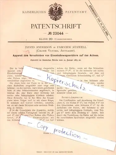 Original Patent - David Anderson in Fairview Stawell , Colonie Victoria , Australien , 1883 , Eisenbahn !!!