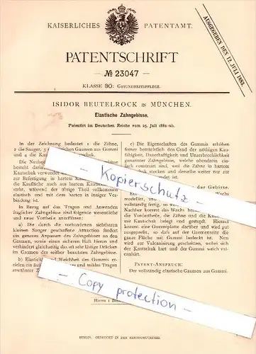 Original Patent - Isidor Beutelrock in München , 1882 , Elastische Zahngebisse , Zahnarzt , Gebiss !!!