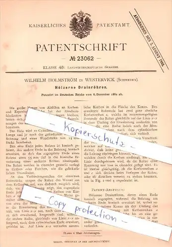 Original Patent - W. Holmström in Westervick , Schweden , 1882 , Hölzerne Drainröhren !!!
