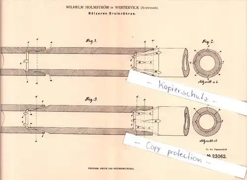 Original Patent - W. Holmström in Westervick , Schweden , 1882 , Hölzerne Drainröhren !!!