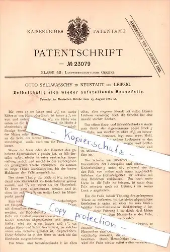 Original Patent - Otto Syllwasschy in Neustadt bei Leipzig , 1882 ,  Mausefalle !!!