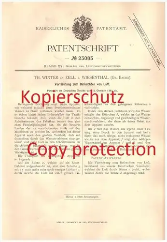 Original Patent - Th. Winter in Zell i. Wiesenthal , Gr. Baden , 1882 , Befeuchten von Luft  !!!