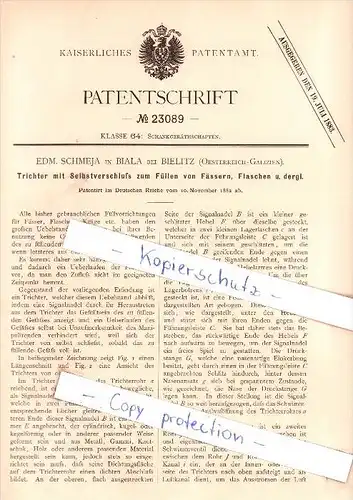 Original Patent - Edm. Schmeja in Biala bei Bielitz , Oesterreich-Galizien , 1882 , Trichter  !!!