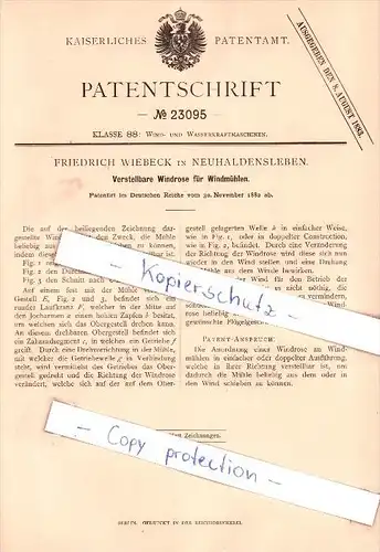 Original Patent - Friedrich Wiebeck in Neuhaldensleben , 1882 , Windrose für Windmühlen !!!