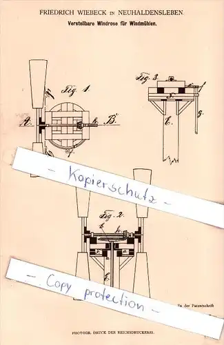 Original Patent - Friedrich Wiebeck in Neuhaldensleben , 1882 , Windrose für Windmühlen !!!