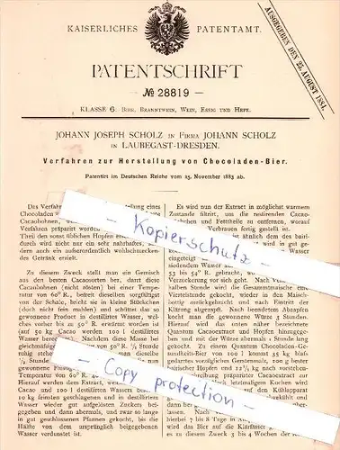 Original Patent - Johann Scholz in Laubegast-Dresden , 1883 , Chocoladen-Bier , Brauerei , Bier , Alkohol , Schokolade