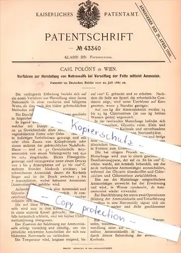 Original Patent - Carl Polony in Wien , 1887 , Herstellung von Natronseife !!!