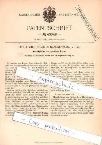 Original Patent - Otto Wildhagen in Blankenburg a. Harz , 1887 , Mosaikplatten aus Papier !!!