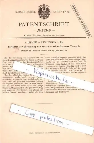 Original Patent - F. Lienau in Uerdingen a. Rh. , 1882 , Darstellung von Thonerde !!!