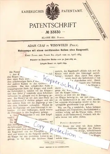 Original Patent - A. Graf in Winnweiler , Pfalz , 1885 , Hebepumpe mit Kolben ohne Saugventil !!!