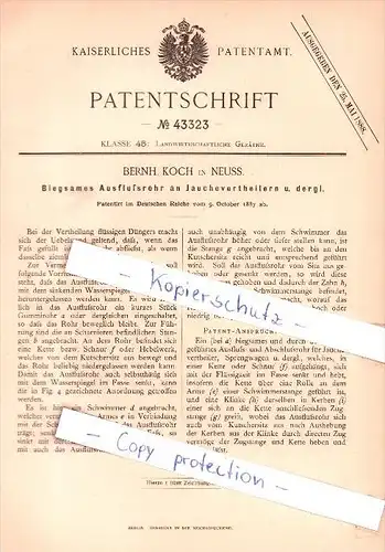 Original Patent - Bernh. Koch in Neuss , 1887 , Ausflußrohr an Jauchevertheilern !!!