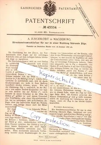 Original Patent - A. Jungeblodt in Magdeburg , 1887 , Streckenstromschließer für Züge !!!