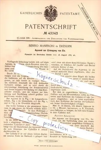 Original Patent - Benno Manfroni in Dresden , 1887 , Apparat zur Erzeugung von Eis !!!