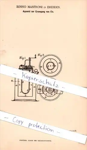 Original Patent - Benno Manfroni in Dresden , 1887 , Apparat zur Erzeugung von Eis !!!