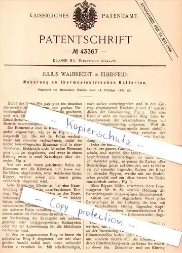 Original Patent - J. Walbrecht in Elberfeld , 1887 , Neuerung an thermoelektrischen Batterien !!!