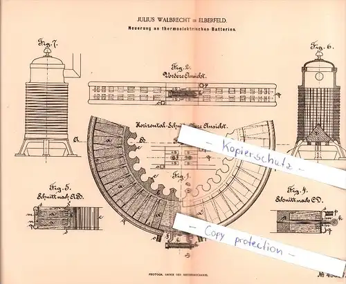 Original Patent - J. Walbrecht in Elberfeld , 1887 , Neuerung an thermoelektrischen Batterien !!!