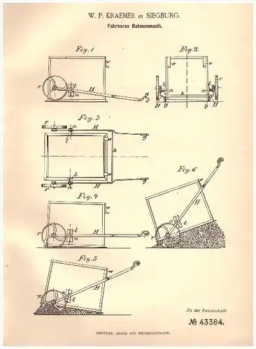 Original Patent - W. P. Kraemer in Siegburg , 1887 , Fahrbares Rahmenmaaß !!!