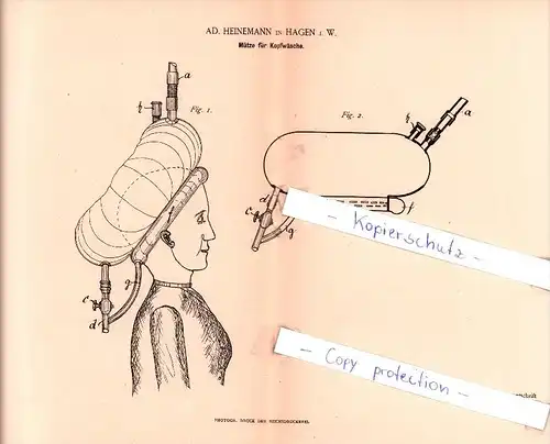 Original Patent - Ad. Heinemann in Hagen i. W. , 1887 , Mütze für Kopfwäsche , Friseur !!!