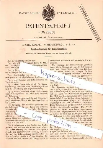 Original Patent - G. Goepel in Merseburg a. d. Saale , 1884 , Schiebersteuerung für Dampfmaschinen !!!