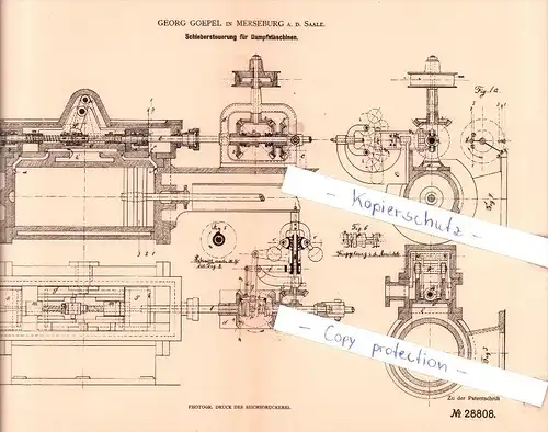 Original Patent - G. Goepel in Merseburg a. d. Saale , 1884 , Schiebersteuerung für Dampfmaschinen !!!