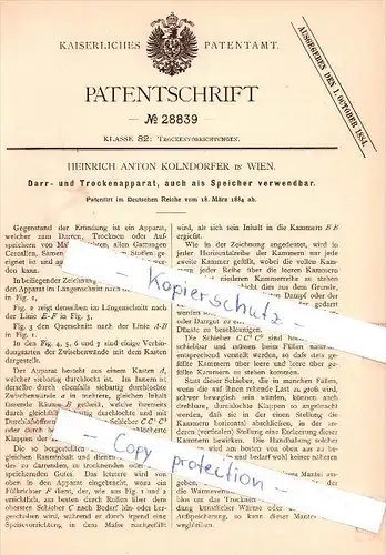 Original Patent - Heinrich Anton Kolndorfer in Wien , 1884 , Darr- und Trockenapparat !!!