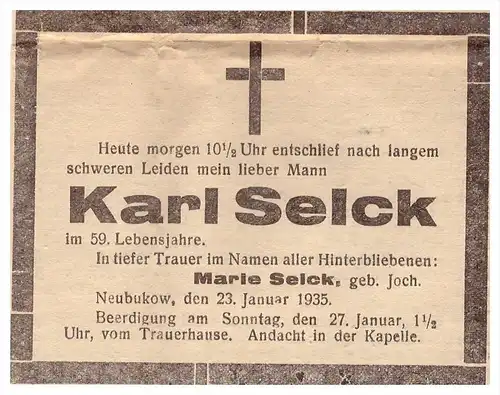 Todesanzeige 1935 - Karl Selck in Neubukow b. Rostock , Mecklenburg !!!