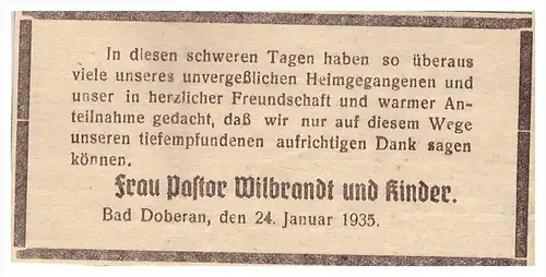 Todesanzeige 1935 - Pastor Wilbrandt in Bad Doberan , Mecklenburg !!!