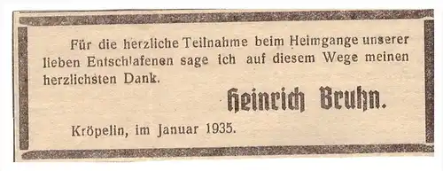 Todesanzeige 1935 - Heinrich Bruhn in Kröpelin b. Rostock , Mecklenburg !!!