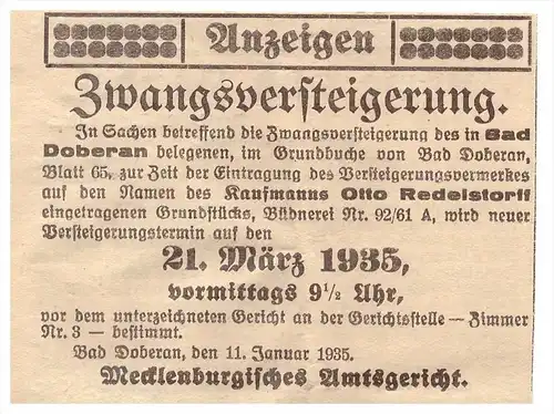 Werbung / Anzeige - Bad Doberan 1935 , Zwangsversteigerung Büdnerei , Otto Redelstorff , Amtsgericht , Mecklenburg !!!