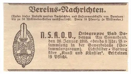 original Werbung- 1935 - Ortsgruppe Bad Doberan , NSKOV , Lichtbildvortrag , Mecklenburg !!!