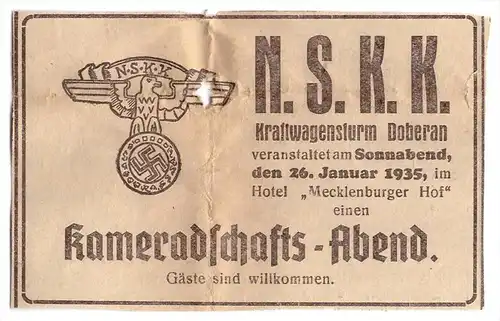 original Werbung- 1935 - Kraftwagensturm Bad Doberan , NSKK , Kameradschaftsabend ,Hotel Mecklenburger Hof , Mecklenburg